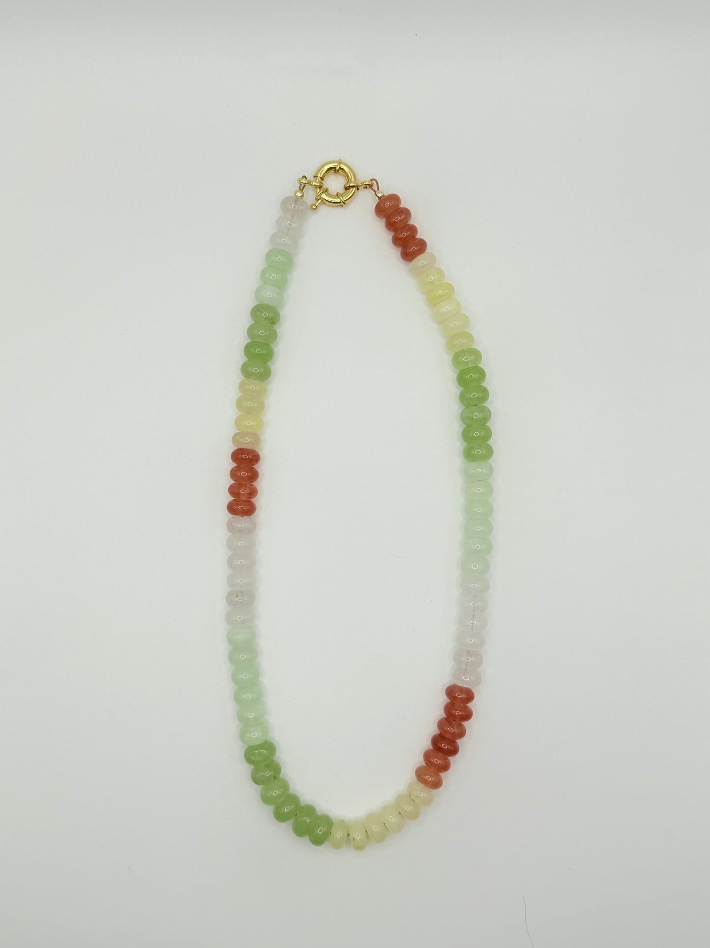 Bold colorblock beaded necklace showcasing a striking pattern of colorful beads, perfect for enhancing casual or formal looks.